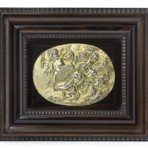 SILVER-GILT PLAQUE ‘Sleeping Cupid disarmed by two putti’ (Amor Dormiens) unmarked, The Low Countries, circa 1660