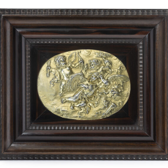 SILVER-GILT PLAQUE ‘Sleeping Cupid disarmed by two putti’ (Amor Dormiens) unmarked, The Low Countries, circa 1660